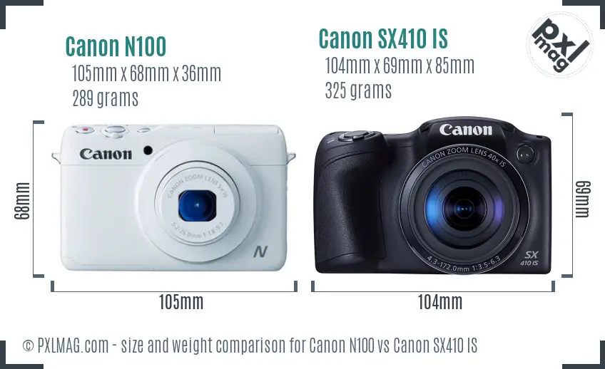 Canon N100 vs Canon SX410 IS size comparison