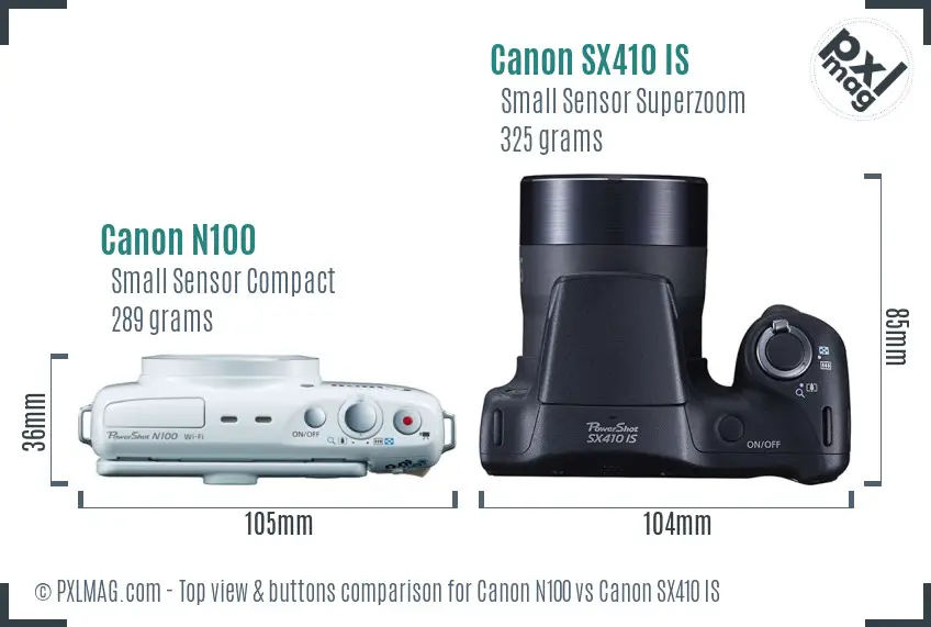 Canon N100 vs Canon SX410 IS top view buttons comparison