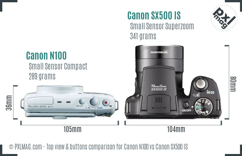 Canon N100 vs Canon SX500 IS top view buttons comparison Canon N100 vs Canon SX500 IS top view buttons comparison