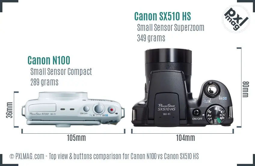 Canon N100 vs Canon SX510 HS top view buttons comparison