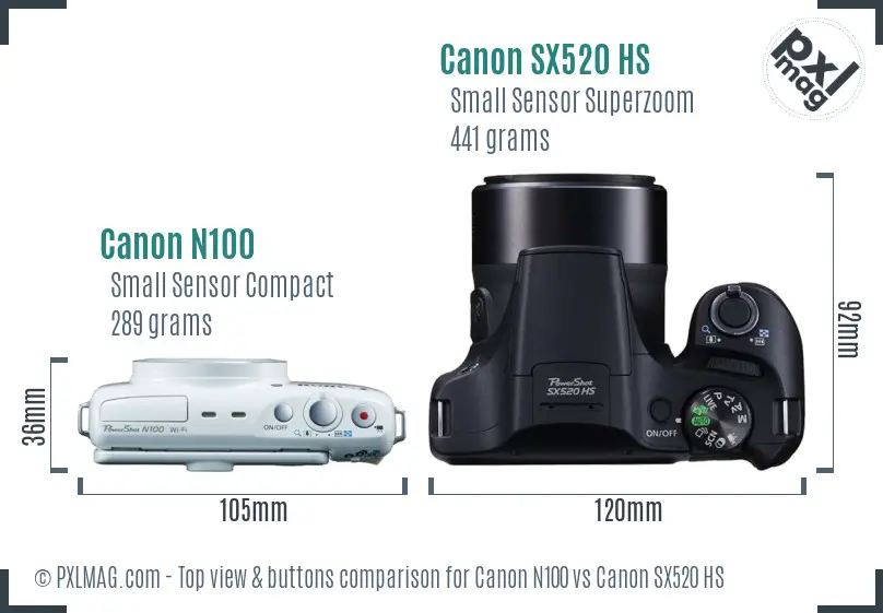 Canon N100 vs Canon SX520 HS top view buttons comparison