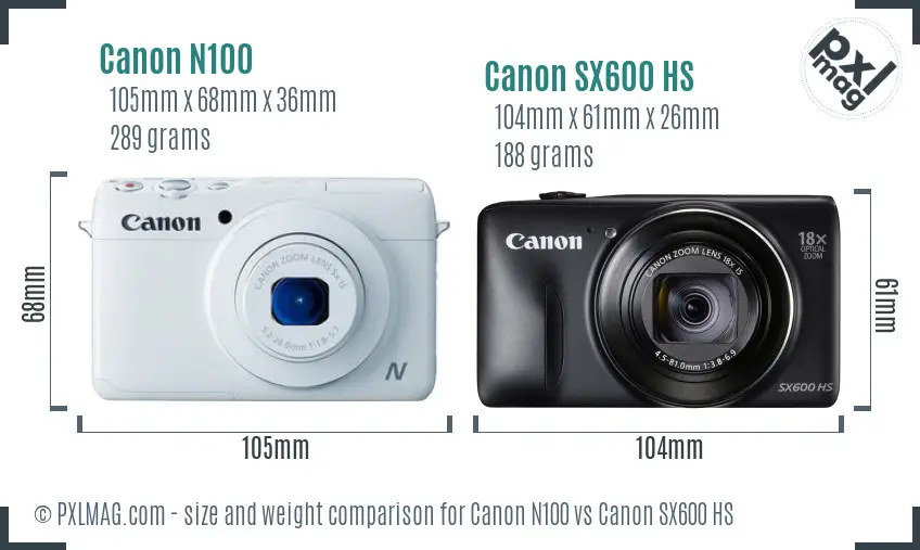 Canon N100 vs Canon SX600 HS size comparison