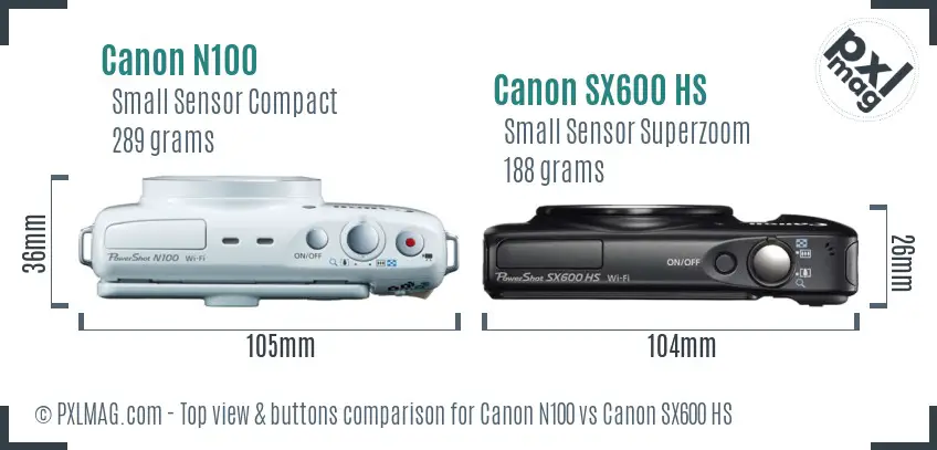 Canon N100 vs Canon SX600 HS top view buttons comparison