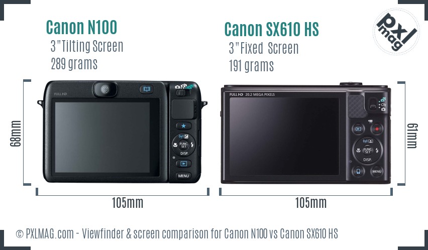 Canon N100 vs Canon SX610 HS Screen and Viewfinder comparison