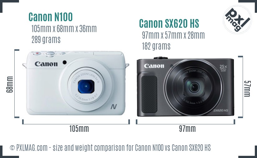 Canon N100 vs Canon SX620 HS size comparison