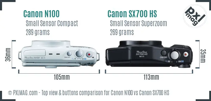 Canon N100 vs Canon SX700 HS top view buttons comparison