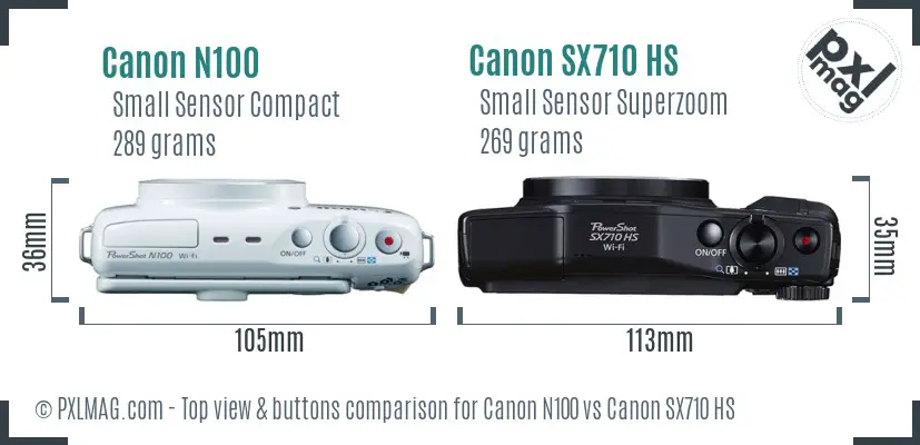 Canon N100 vs Canon SX710 HS top view buttons comparison