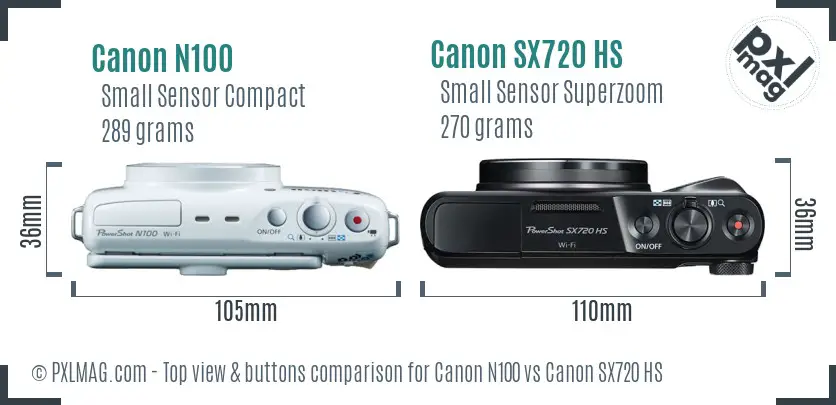 Canon N100 vs Canon SX720 HS top view buttons comparison