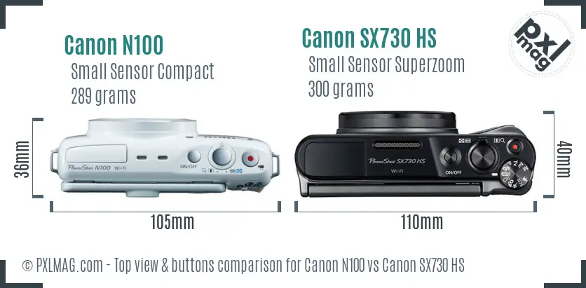 Canon N100 vs Canon SX730 HS top view buttons comparison Canon N100 vs Canon SX730 HS top view buttons comparison