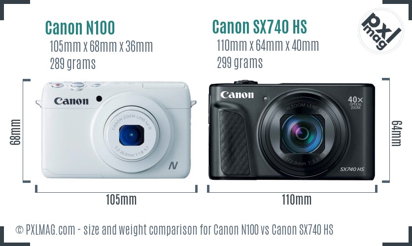 Canon N100 vs Canon SX740 HS size comparison