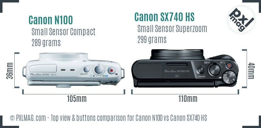 Canon N100 vs Canon SX740 HS top view buttons comparison