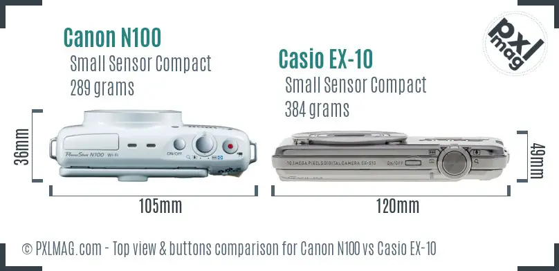 Canon N100 vs Casio EX-10 top view buttons comparison