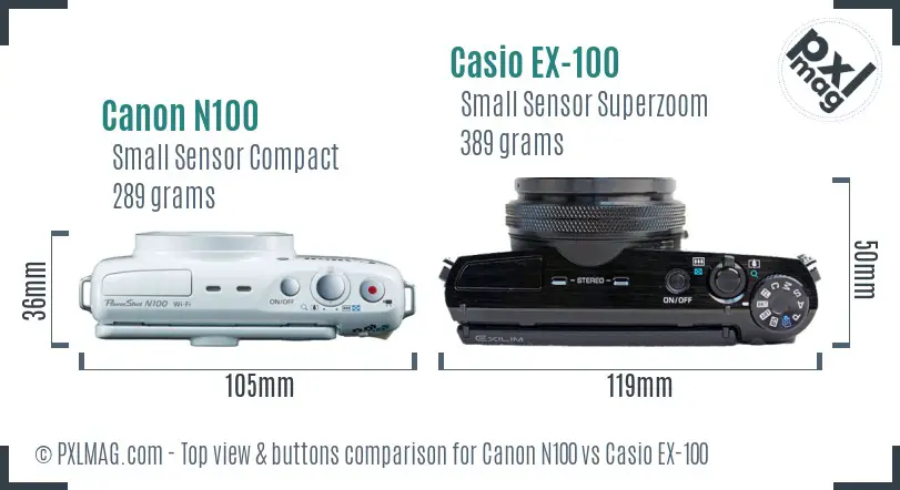 Canon N100 vs Casio EX-100 top view buttons comparison