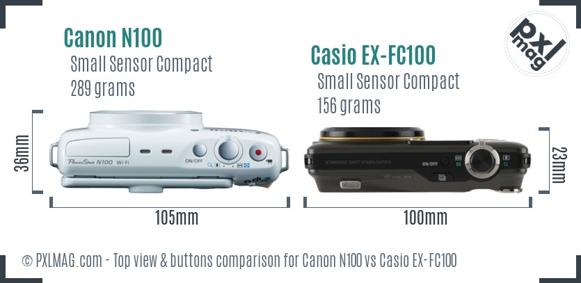 Canon N100 vs Casio EX-FC100 top view buttons comparison