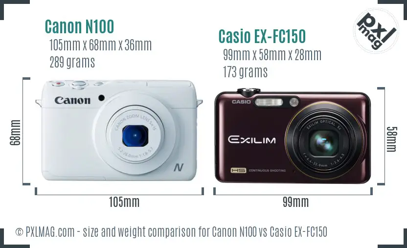 Canon N100 vs Casio EX-FC150 size comparison