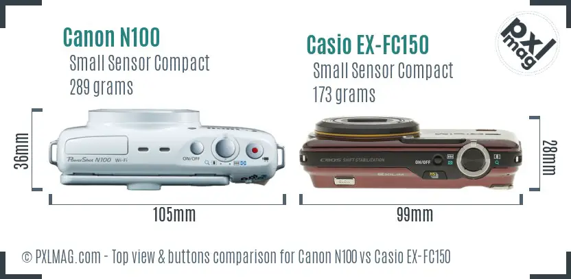 Canon N100 vs Casio EX-FC150 top view buttons comparison
