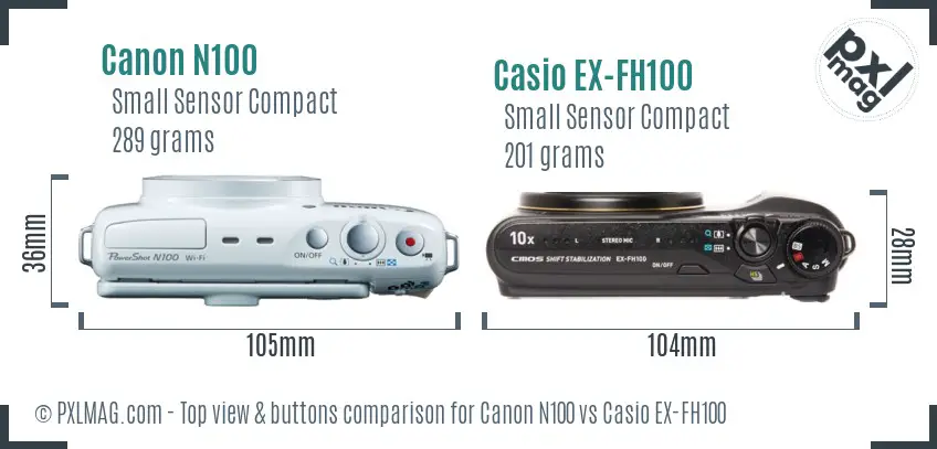 Canon N100 vs Casio EX-FH100 top view buttons comparison Canon N100 vs Casio EX-FH100 top view buttons comparison