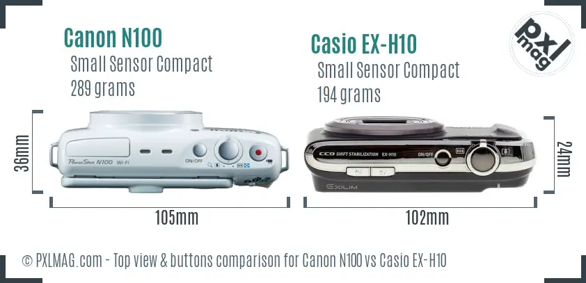 Canon N100 vs Casio EX-H10 top view buttons comparison