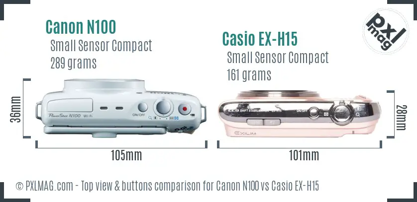 Canon N100 vs Casio EX-H15 top view buttons comparison
