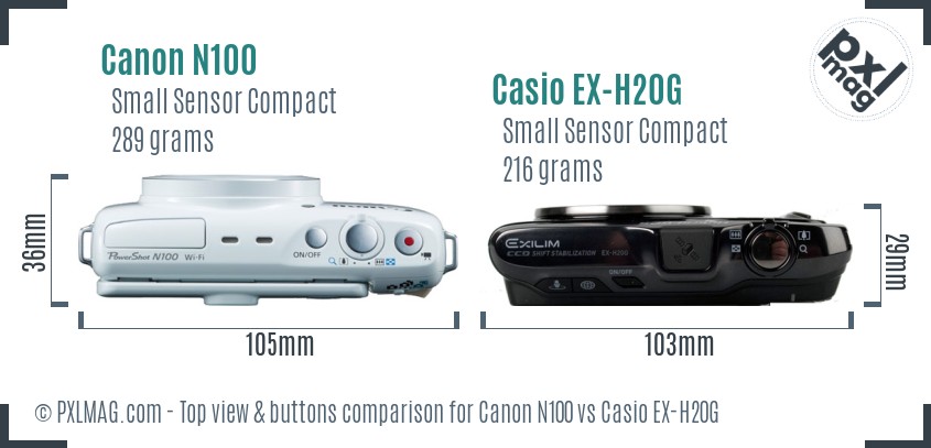 Canon N100 vs Casio EX-H20G top view buttons comparison