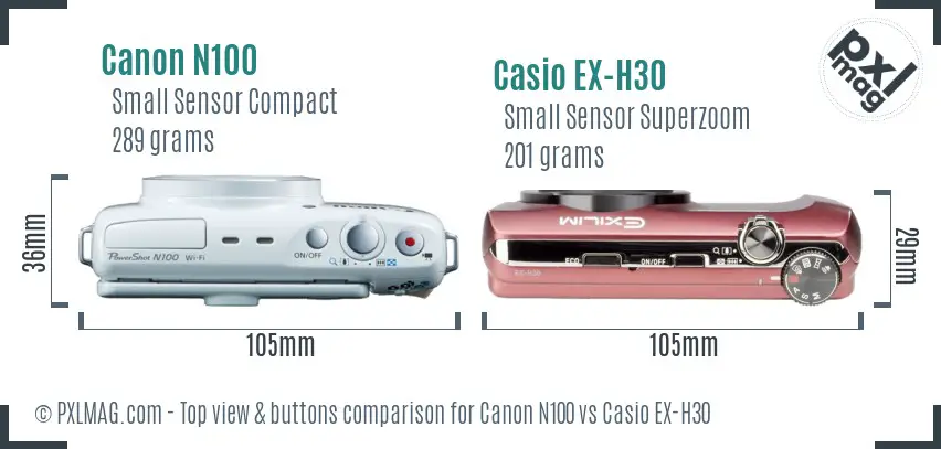 Canon N100 vs Casio EX-H30 top view buttons comparison
