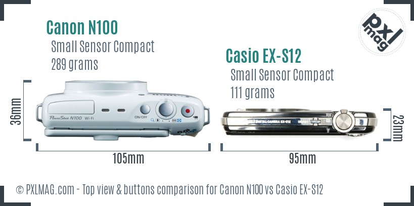 Canon N100 vs Casio EX-S12 top view buttons comparison