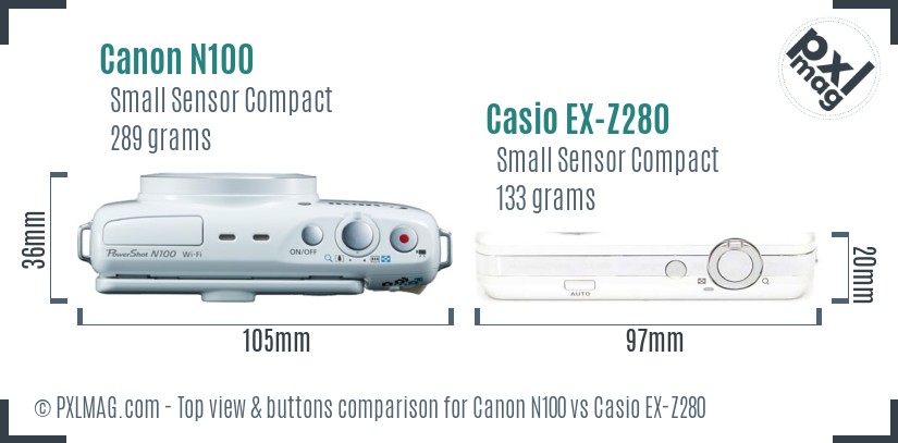 Canon N100 vs Casio EX-Z280 top view buttons comparison