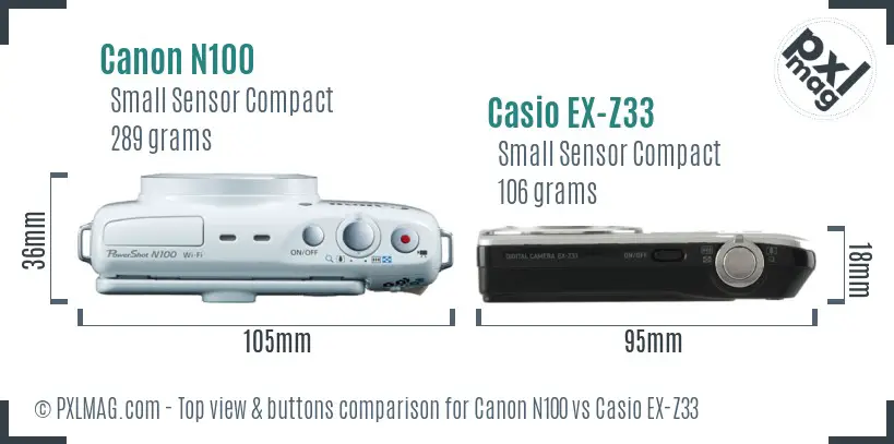 Canon N100 vs Casio EX-Z33 top view buttons comparison