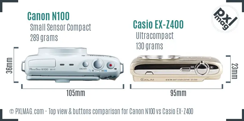 Canon N100 vs Casio EX-Z400 top view buttons comparison