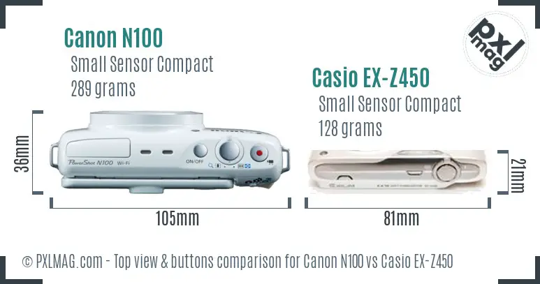 Canon N100 vs Casio EX-Z450 top view buttons comparison