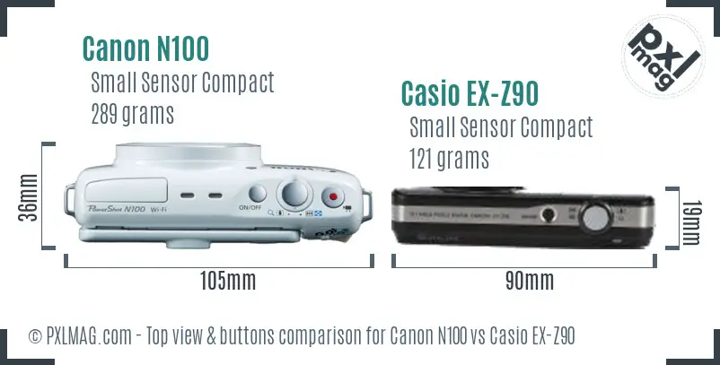 Canon N100 vs Casio EX-Z90 top view buttons comparison