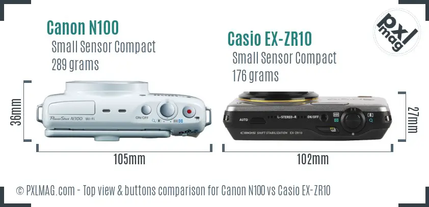 Canon N100 vs Casio EX-ZR10 top view buttons comparison