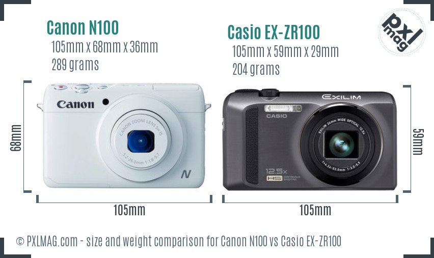 Canon N100 vs Casio EX-ZR100 size comparison