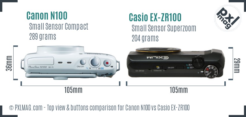 Canon N100 vs Casio EX-ZR100 top view buttons comparison
