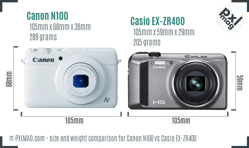 Canon N100 vs Casio EX-ZR400 size comparison