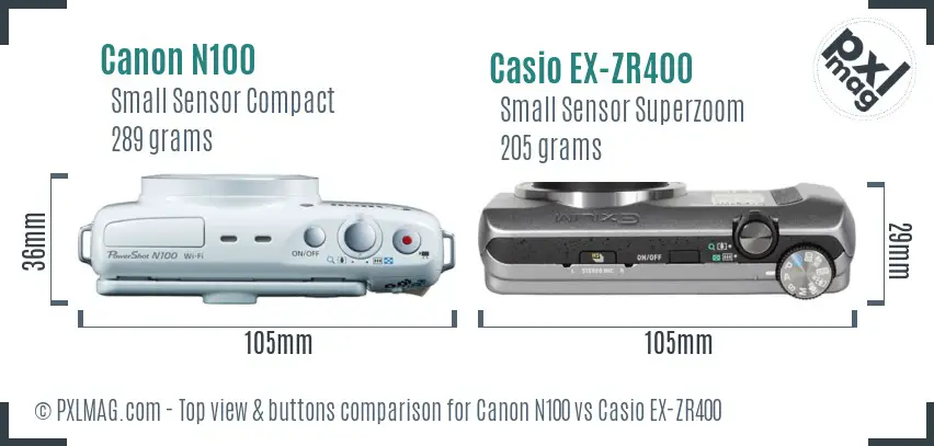 Canon N100 vs Casio EX-ZR400 top view buttons comparison
