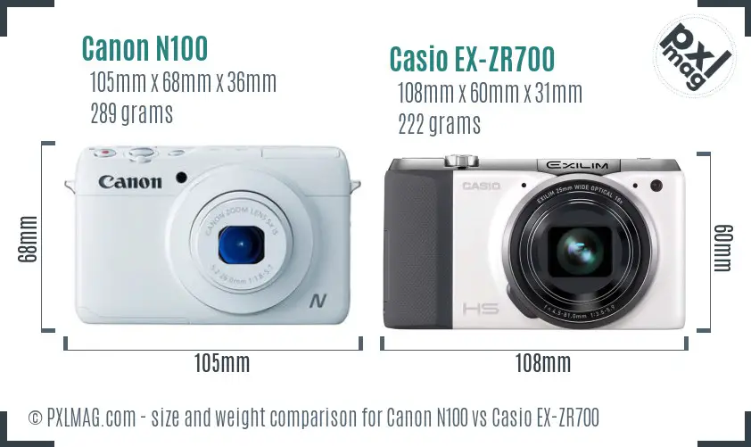 Canon N100 vs Casio EX-ZR700 size comparison