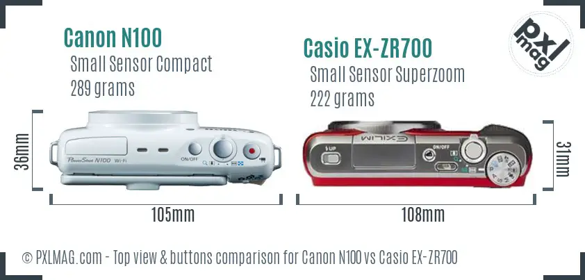 Canon N100 vs Casio EX-ZR700 top view buttons comparison