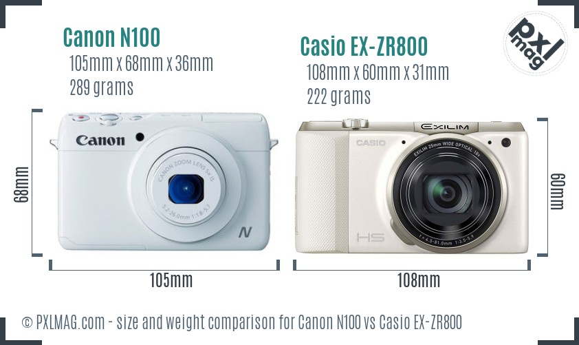 Canon N100 vs Casio EX-ZR800 size comparison