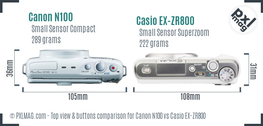 Canon N100 vs Casio EX-ZR800 top view buttons comparison