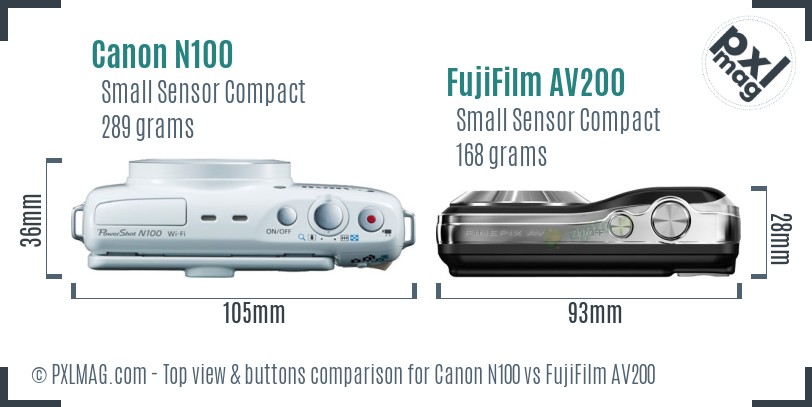 Canon N100 vs FujiFilm AV200 top view buttons comparison