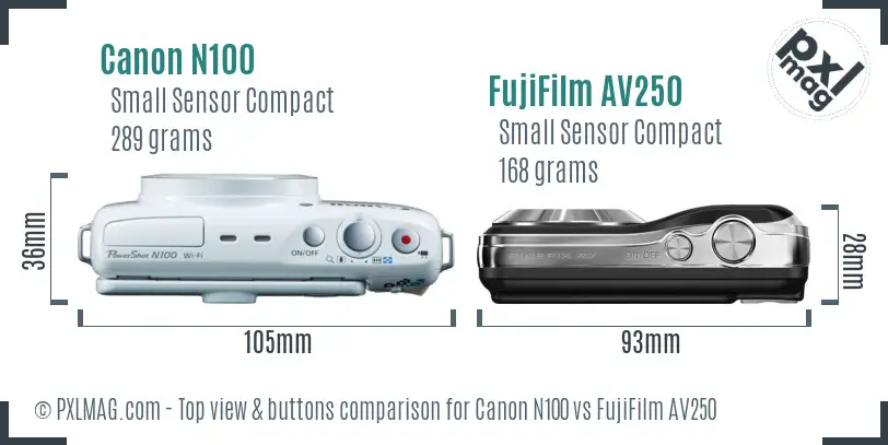 Canon N100 vs FujiFilm AV250 top view buttons comparison