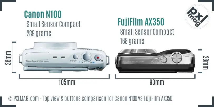 Canon N100 vs FujiFilm AX350 top view buttons comparison Canon N100 vs FujiFilm AX350 top view buttons comparison