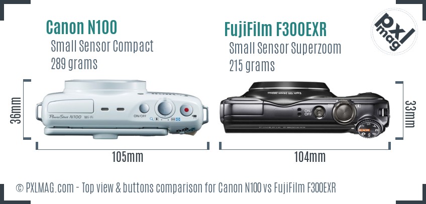 Canon N100 vs FujiFilm F300EXR top view buttons comparison