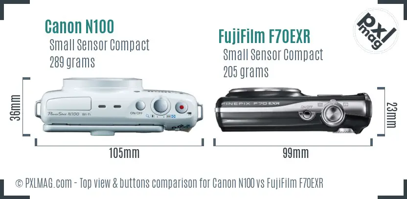 Canon N100 vs FujiFilm F70EXR top view buttons comparison
