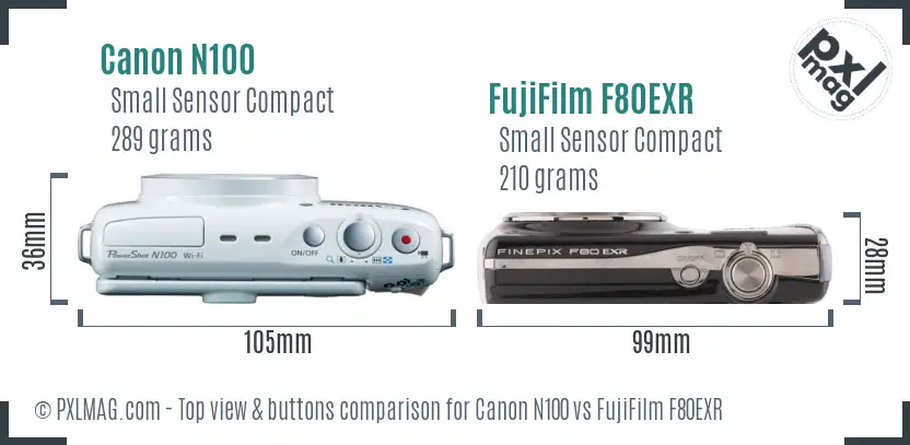 Canon N100 vs FujiFilm F80EXR top view buttons comparison
