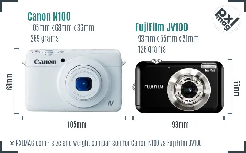 Canon N100 vs FujiFilm JV100 size comparison