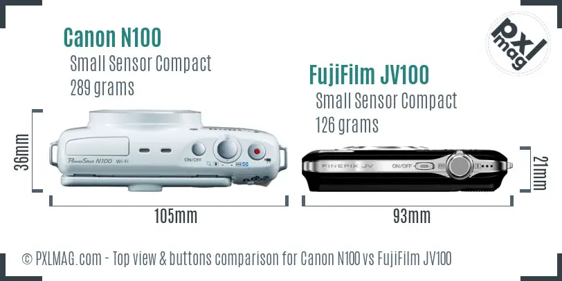 Canon N100 vs FujiFilm JV100 top view buttons comparison