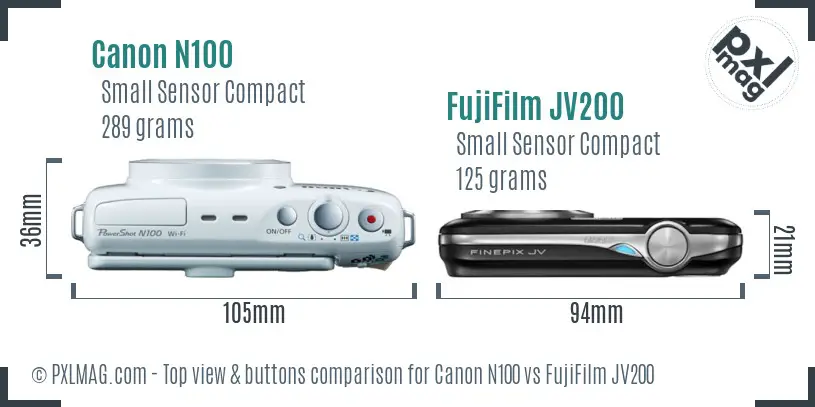 Canon N100 vs FujiFilm JV200 top view buttons comparison