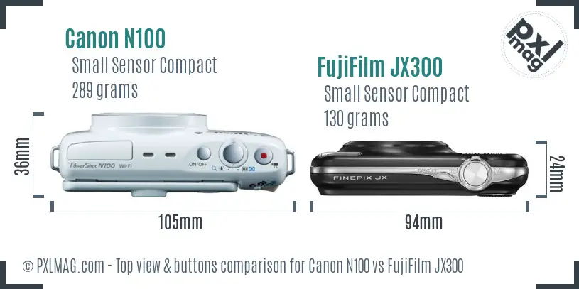 Canon N100 vs FujiFilm JX300 top view buttons comparison